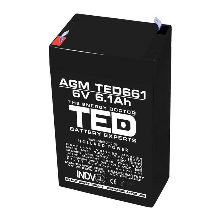 Acumulator AGM VRLA 6V 6,1A, dimensiuni 70mm x 48mm x h 101mm, F1 TED Battery Expert Holland