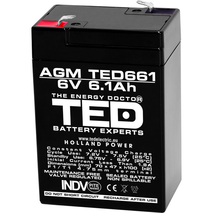 Acumulator Stationar AGM VRLA Etans 6V 6.1A F1 T1, Dimensiuni 70mm x 47mm x h100mm, TED Electric