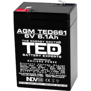 Acumulator Stationar AGM VRLA Etans 6V 6.1A F1 T1, Dimensiuni 70mm x 47mm x h100mm, TED Electric