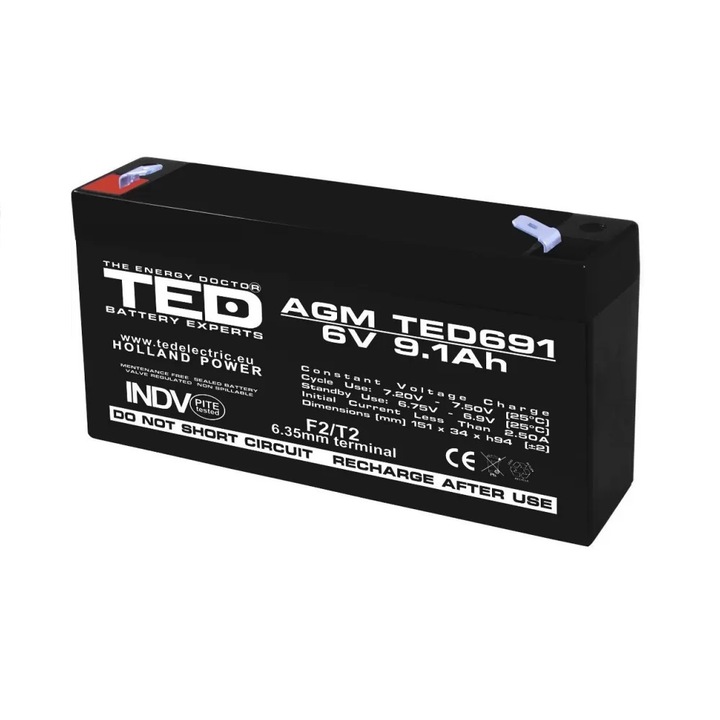 TED ELECTRIC Battery Expert Holland AGM VRLA 6V 9.1A akkumulátor, méretek 151mm x 34mm x magasság 95mm, F2