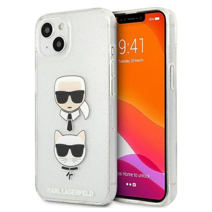 Husa Karl Lagerfeld KLHCP13SKCTUGLS compatibila cu iPhone 13 Mini, Glitter Karl`s & Choupette, Silver