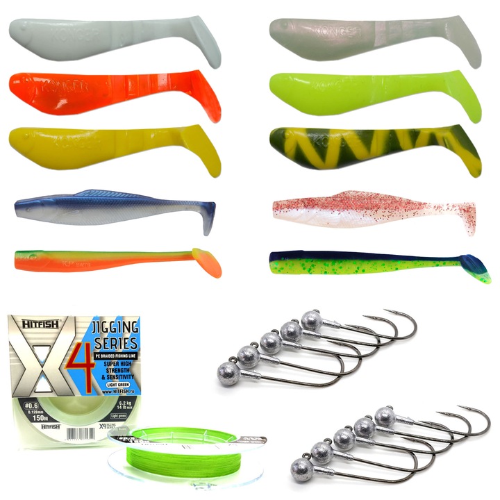 Set pentru pescuitul la salau, stiuca, somn Mix5 format din 55 piese 8.5-10cm: 44 naluci siliconice, 10 jiguri si o rola de fir textil x4