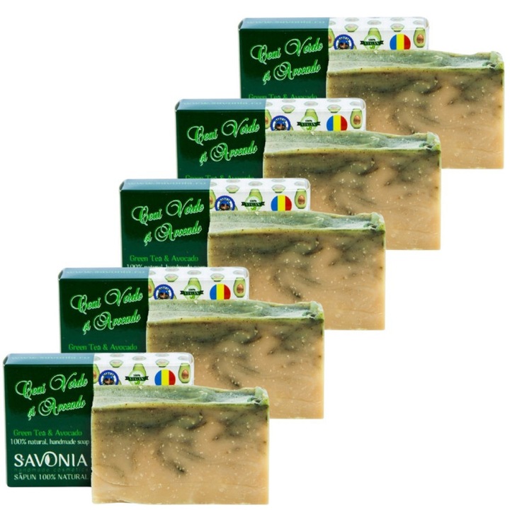 Комплект от 5 натурални сапуна със зелен чай и авокадо, Savonia