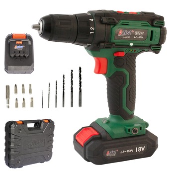 Masina de gaurit cu acumulator si surubelnita, Asist, AE2V18DN-132-BMC, 18V, 2 buc. baterii 1.3Ah + 1 buc. incarcator, in carcasa, 1550 rpm, Verde/Negru