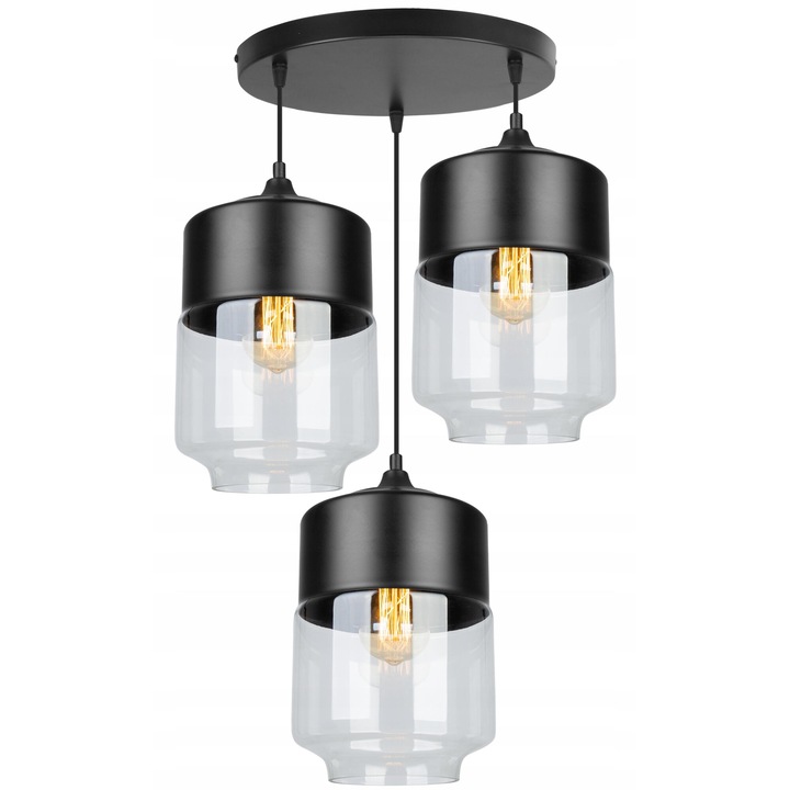 Plafoniera suspendata, LightHome, Oslo, LED, Retea de alimentare, 60 W, 3 puncte luminoase, 18 cm, 100x40 cm, E27, sticla, Negru/Transparent