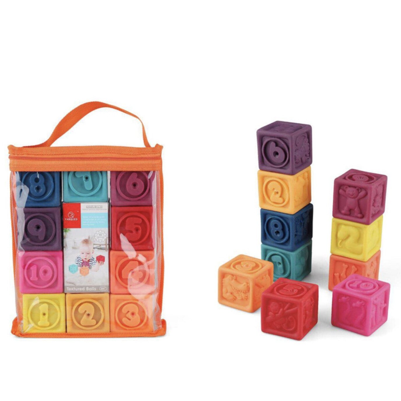 Set 10 cuburi silicon pentru bebelusi, cu texturi si cifre - eMAG.ro