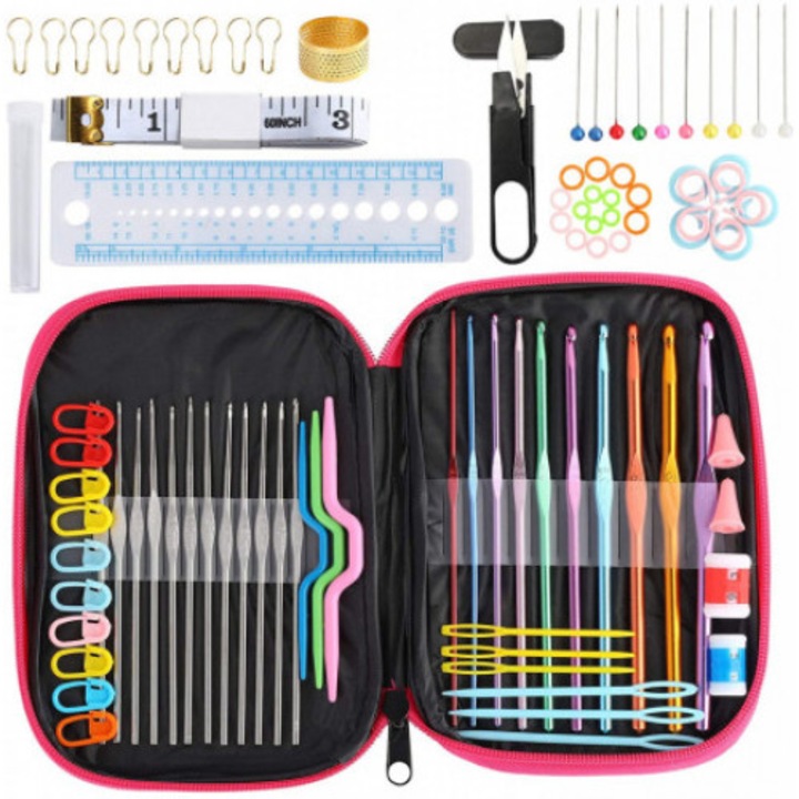 Set de 100 accesorii pentru crosetat Veveky, aluminiu, multicolor