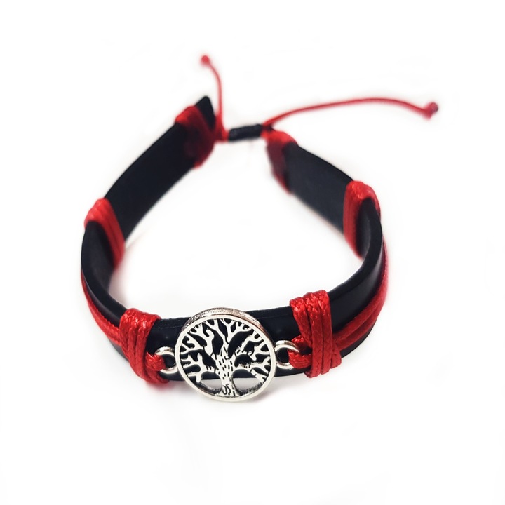Bratara reglabila UNISEX din piele naturala cu Charmuri realizata manual, cu charm Copacul vietii cu prinderi rosii