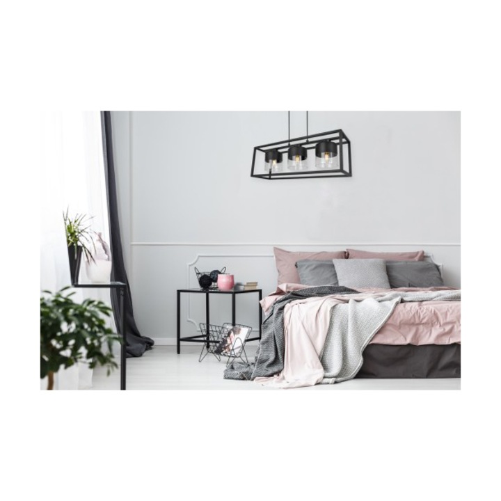 Lampa in stil industrial Roma Cage, Light Home, Metal/Sticla, E27, 90 cm h, Negru/Transparent