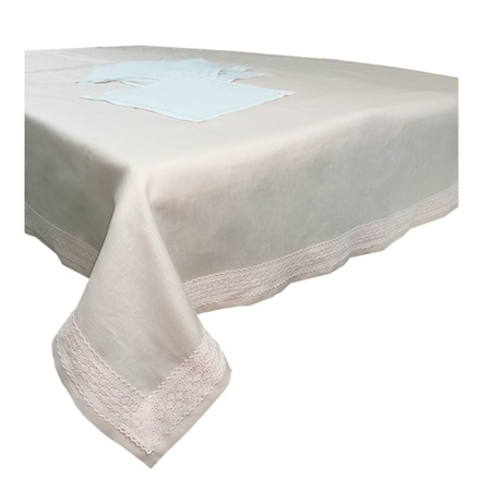 Set Fata de masa 135 x 180 cm si 6 servetele, Casa bucuriei, roz piersica, bumbac/in