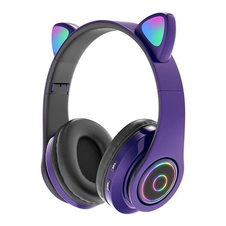 Слушалки Cat с rgb светлини, bluetooth 5.0, микрофон и micro-sd карта, PXZ-B39, лилав цвят