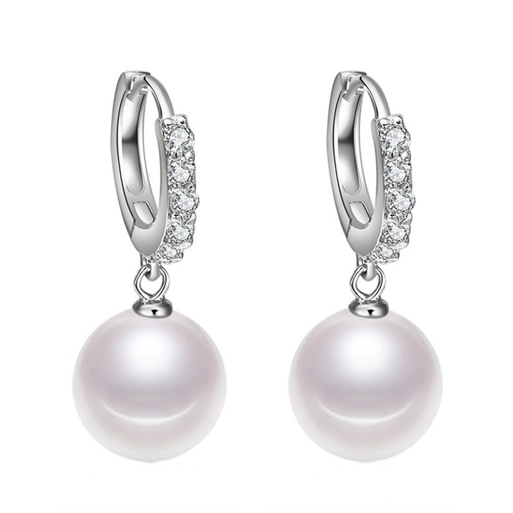 Cercei cu perle cu zircon, argint S925, diametru interior 10mm