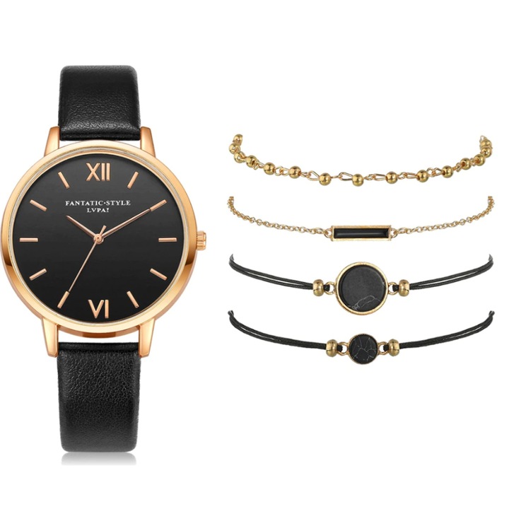 Set ceas si 4 bratari, CRM, casual, negru/auriu