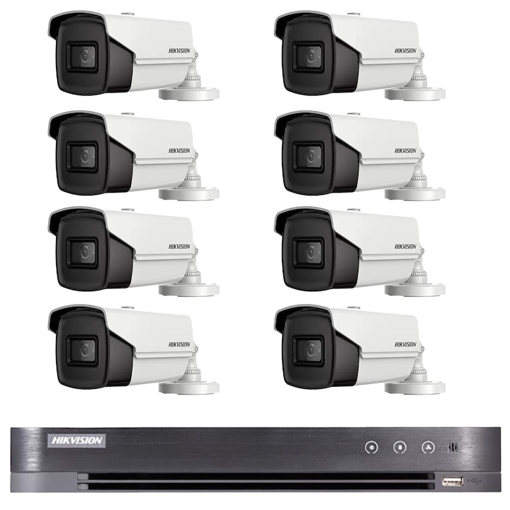 Kit Supraveghere si Securitate Hikvision, 4 Camere Exterior Ultra HD 5MP, High-Performance, 80m Smart IR + DVR 8 canale pana la 5MP + Accesorii