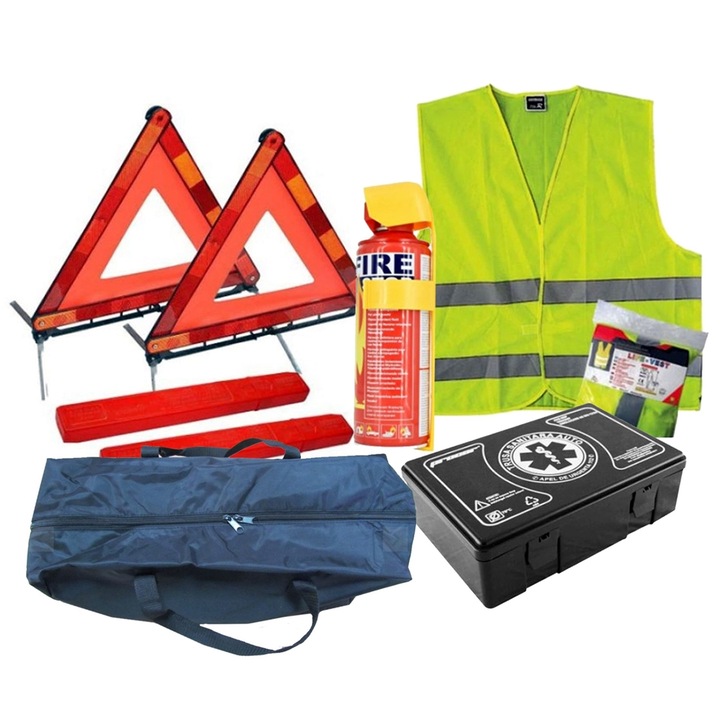Комплект за безопасност за кола, 2 светлоотразителни триъгълника / пожарогасител / комплект за първа помощ / светлоотразителна жилетка / чанта за съхранение