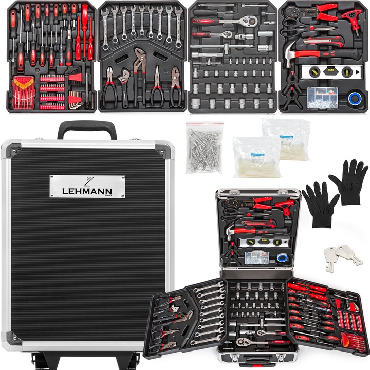 Trusa scule universala set 1000 piese, Lehmann Task Master, troler aluminiu, roti