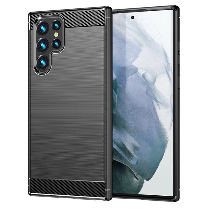 Карбонов силиконов кейс за Samsung Galaxy S22 Ultra, черен