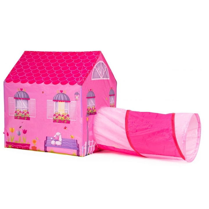 Cort de Joaca pentru copii stil casuta viu colorata cu doua Intrari si un tunel, utilizare interior/exterior, 190 x 73x 102 cm, Roz