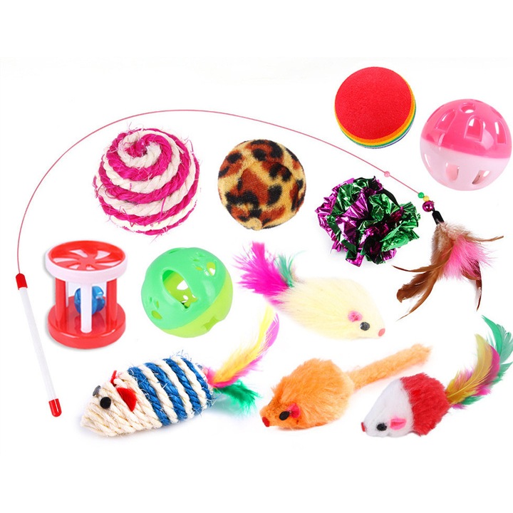 Set 12 jucarii pisici, Mbooulc, Textil/Plastic, Multicolor