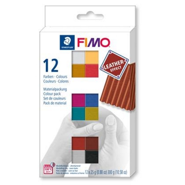 Пластилин Fimo, комплект, 12x25 g, горим, "Кожен ефект", 12 различни цвята