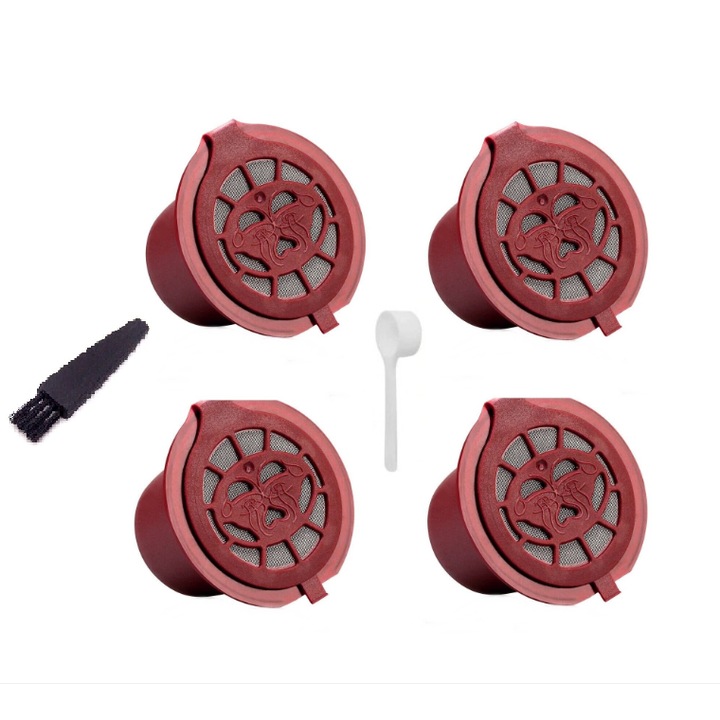 4 db Nespresso kávékapszula készlet kefével és kanállal, új generációs, újratölthető / mosható, barna / ezüst kupak, rozsdamentes acél / műanyag, piros