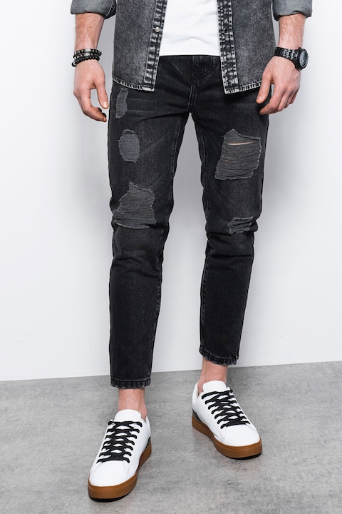 OMBRE, Дънки със захабен ефект и цепки встрани, Черен