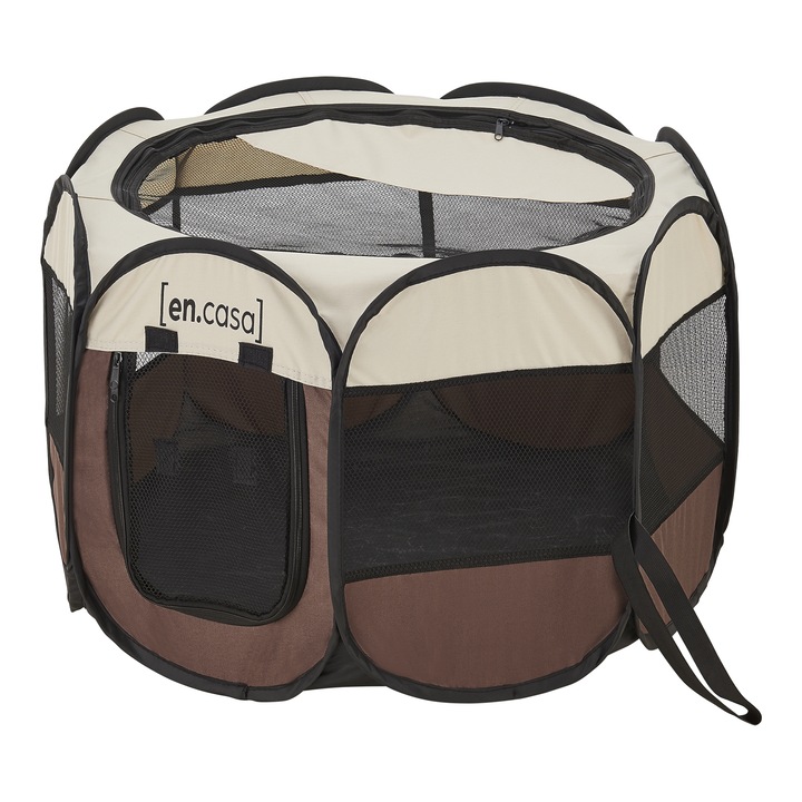 Tarc joaca animale de companie, en.casa, Telford, 58 x 91 x 91 cm, poliester/otel, maro/crem, pliabil, cu geanta transport