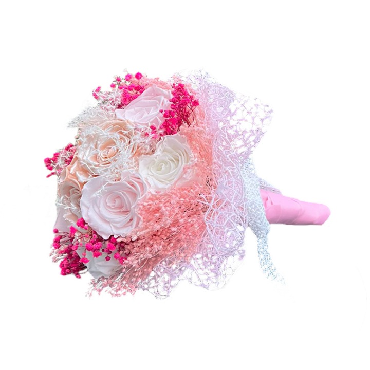 Anastasia Menyasszonyi csokor kriogén természetes rózsákból, rózsaszín, 32 cm