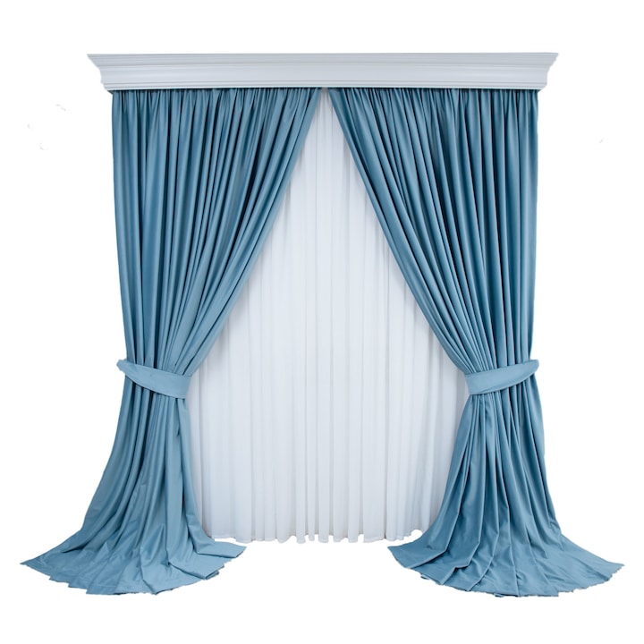 Set de 2 draperii din catifea, bleu, cu rejansa, semiopace , 250x250 cm