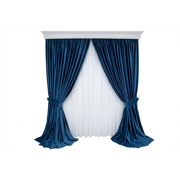 Set de 2 draperii din catifea, albastre, cu rejansa, semiopace, 250x250 cm