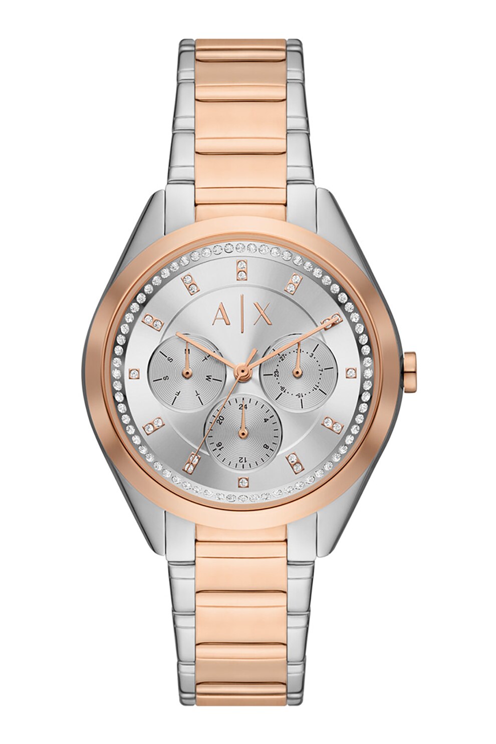 ARMANI EXCHANGE, Ceas cu functii multiple si model in doua tonuri, Auriu rose, Argintiu