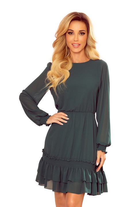 Rochie eleganta din sifon cu elastice la maneci, Verde