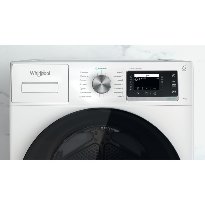 Uscator Whirlpool W6 D94WB EE, clasa energetica A, 9 kg, nivel de zgomot: 62 dB, blocare pentru copii, alb