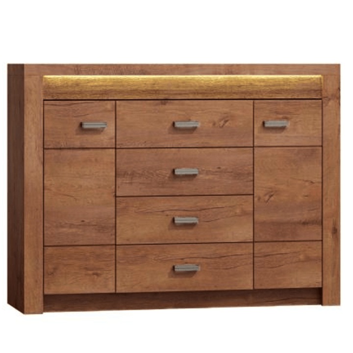 Comoda 2 usi 4 sertare din pal maro frasin Infinity 137x42x104 cm