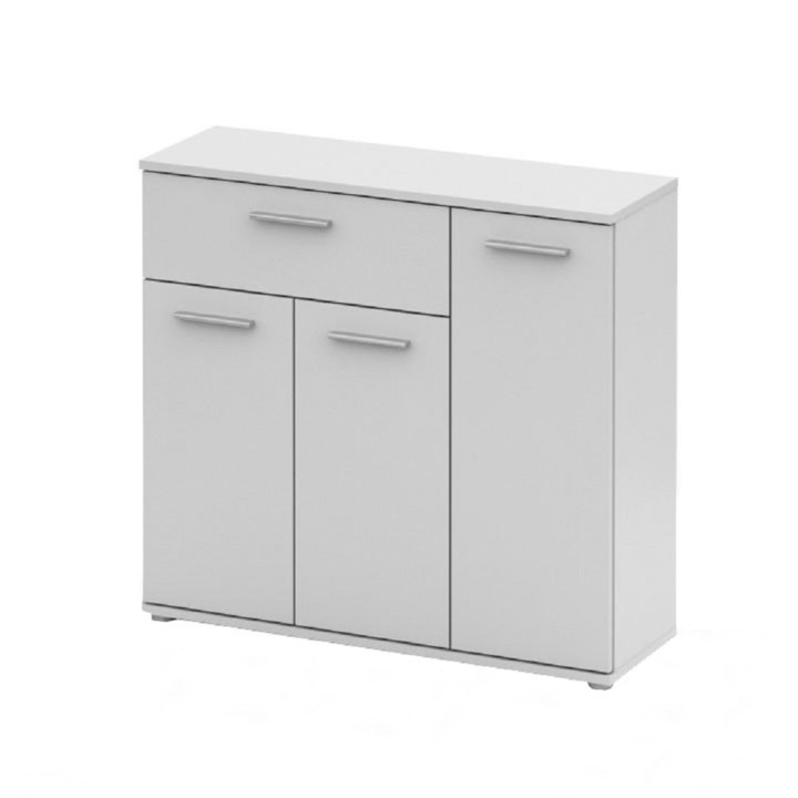 Comoda, alb, PAL laminat, 3 usi si un sertar, rafturi interioare, eleganta si moderna, ideala pnetru living, dormitor, hol, 90x29x82 cm, Bortis