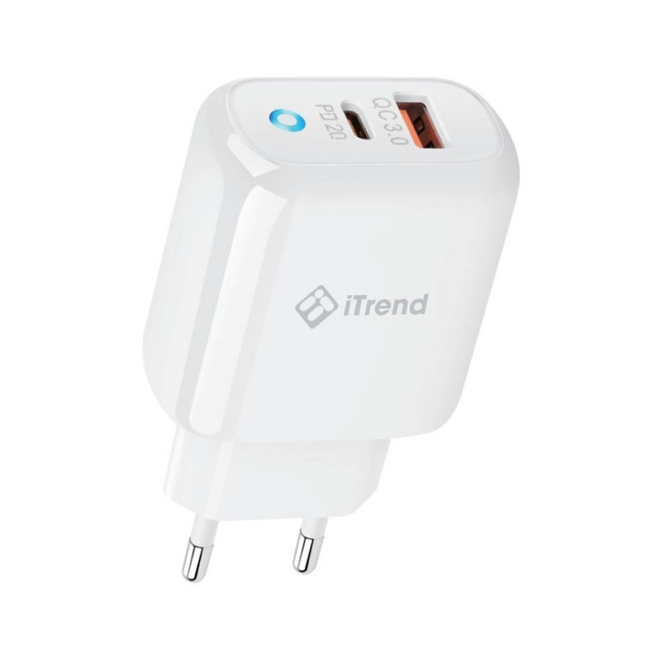 Incarcator Retea Upzz Itrend Pa92c-l, Fast Charge, Iesire Usb-c Si Usb 3.0 Qc, Pd 3.0, 20w, Cablu Type C La Lightning, Alb