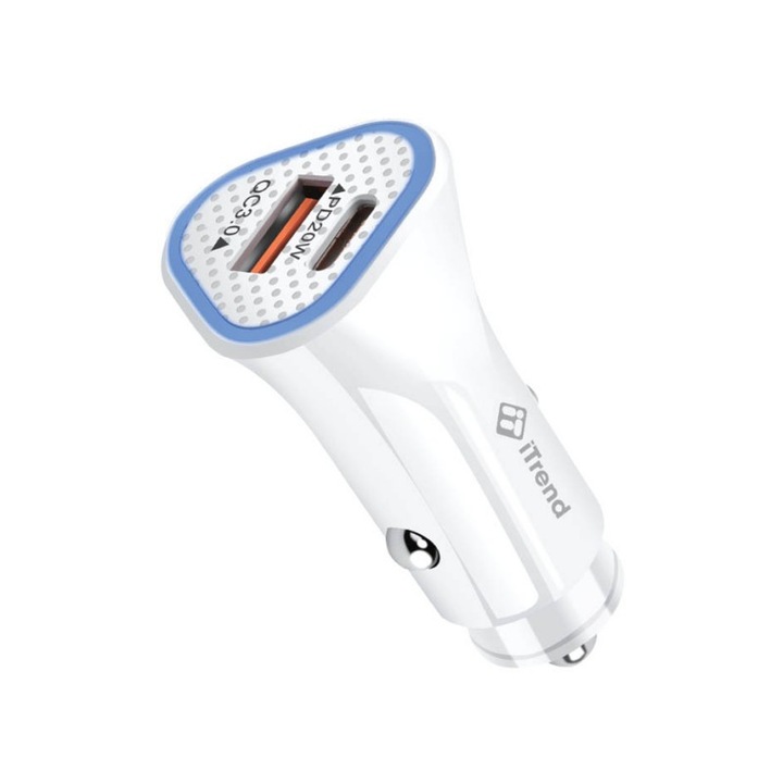 Incarcator Auto Upzz Itrend Pc131c-l, Dual 1 X Usb, 1 X Usb-c, Pd 20w, Cablu Lightning Inclus, Quick Charge 3.0, Alb