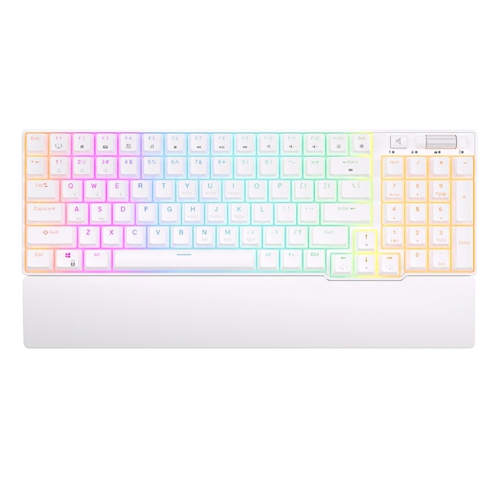 Механична игрална клавиатура Royal Kludge, 96 клавиша, опора за длани, hotswap, RGB, безжична или кабелна, 3750 mAh, превключвател кафяв, бял, RK96