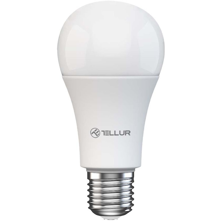 Bec LED RGB inteligent Tellur TLL331341, Wi-Fi, dimabil, E27, 9W, 820 lm, lumina alba si colorata (2700K-6500K + RGB), clasa energetica F