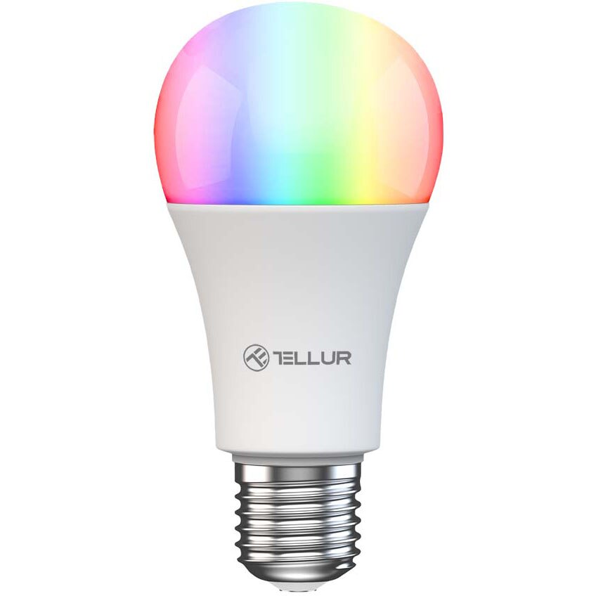 Интелигентна RGB LED крушка Tellur TLL331341, Wi-Fi, Димирана, E27, 9W, 820  лумена, Бяла и цветна светлина (2700K-6500K + RGB), Енергиен клас F 