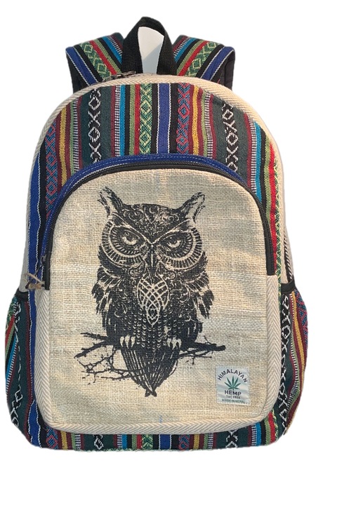 Rucsac Owl, handmade, canepa si bumbac, unisex, multicolor, 41 x 28 x 13 cm