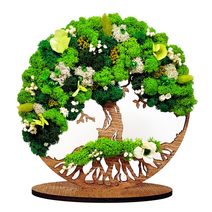 Copacul vietii cu suport decorat cu licheni stabilizati si flori criogenate, 25 cm