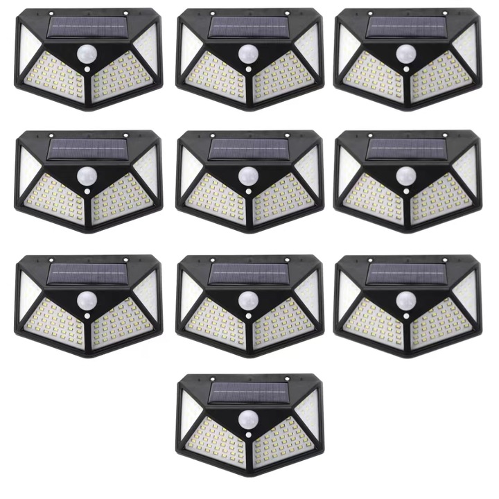 Комплект соларни лампи Nevermore, 100 LED SMD, Със сензор за движение и светлина, Външни, 3 режима на работа, 10бр.
