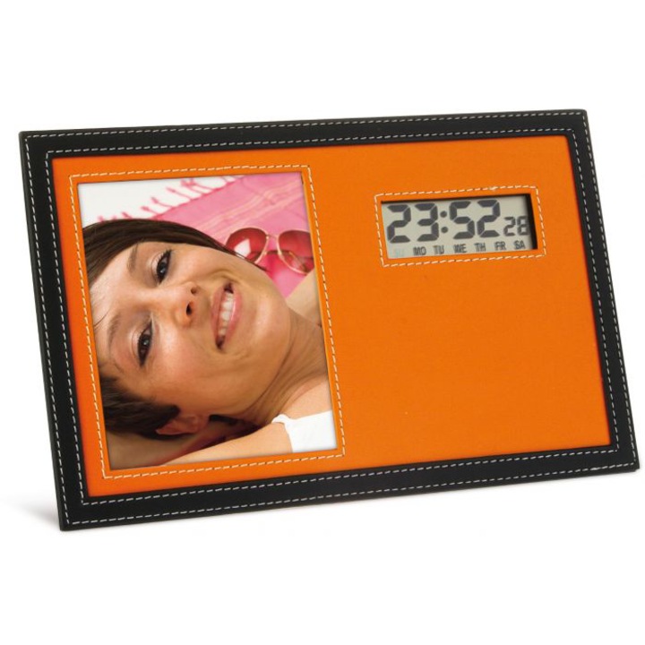 Ceas LCD de birou, cu rama foto din piele ecologica, 26x16,5 cm, Piksel, portocaliu, negru, alarma