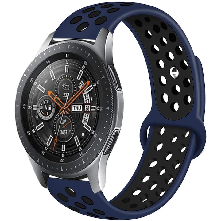 SvodMedia szilikon szíj, Sport dizájn, okosórával kompatibilis Samsung Galaxy óra 46mm átlós, Huawei Watch GT 2 46mm, 22mm szíjszélesség, kék/fekete
