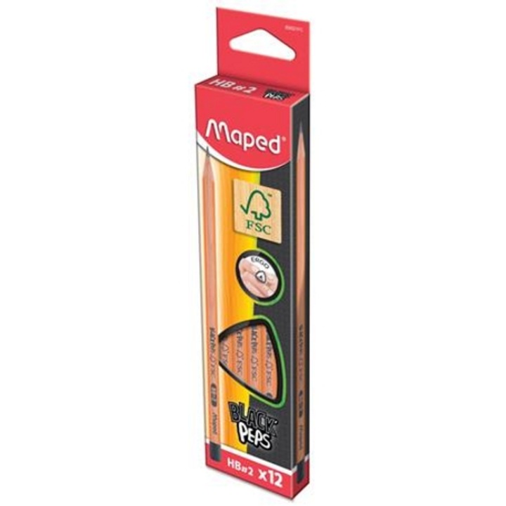 Комплект 12 графитни молива, MAPED, HB, триъгълен, Black`Peps, Orange