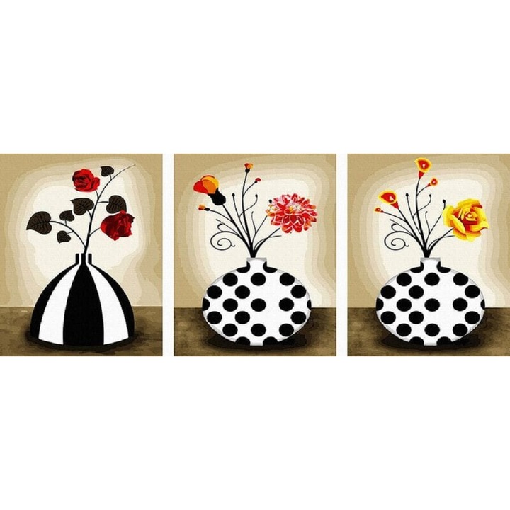 Set 3 picturi pe numere, cu sasiu, Vaze cu flori, 50 x 120 cm