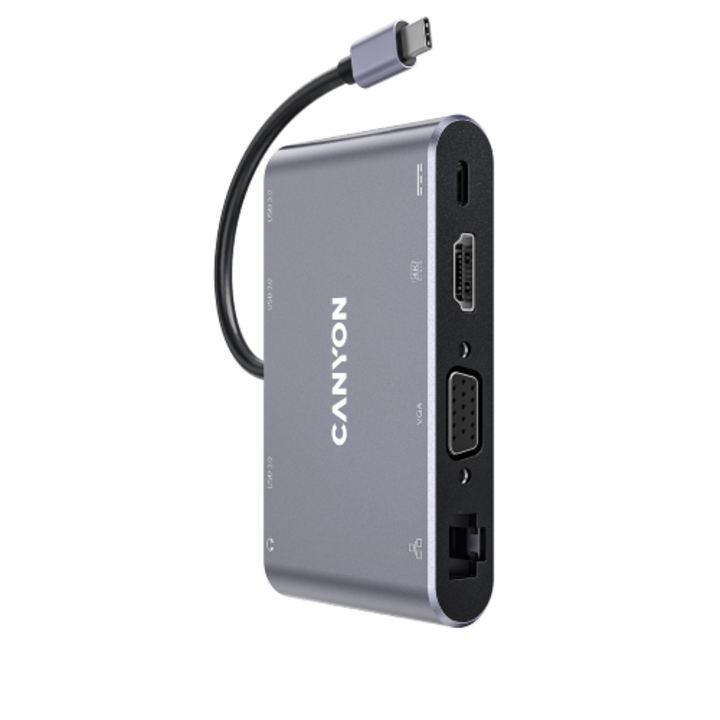 USB Hub Canyon CNS-TDS14, sötétszürke, C típusú, 8 port, többportos dokkoló
