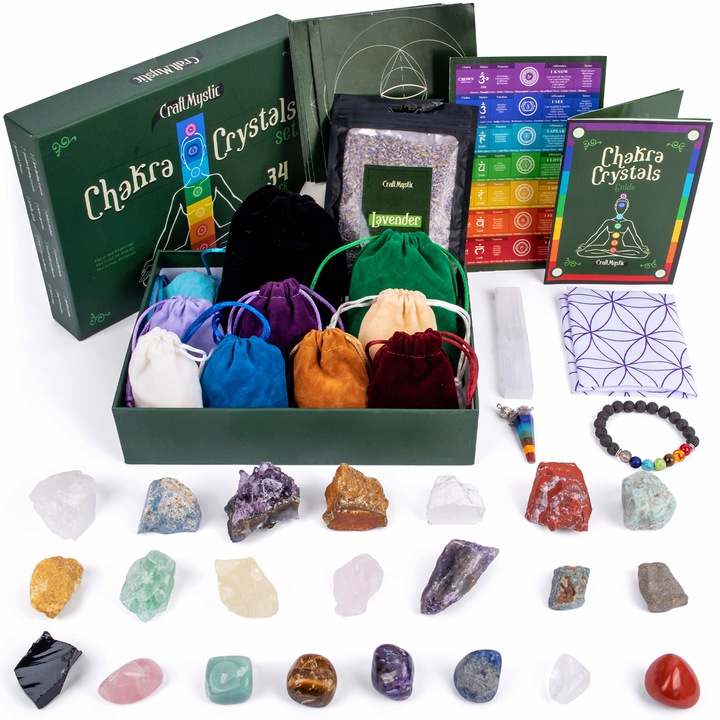 Комплект от кристали и естествени лечебни чакра камъни - 34 части за медитация, духовност - селенит, лапис, цитрин, аметист