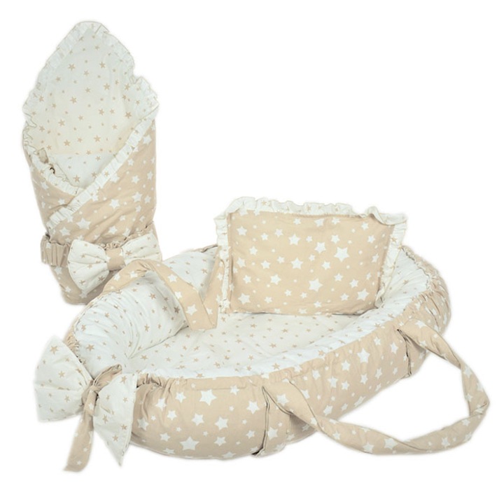 Бебешко гнездо с портбебе AV Baby, Бежови звезди, 100% Памук